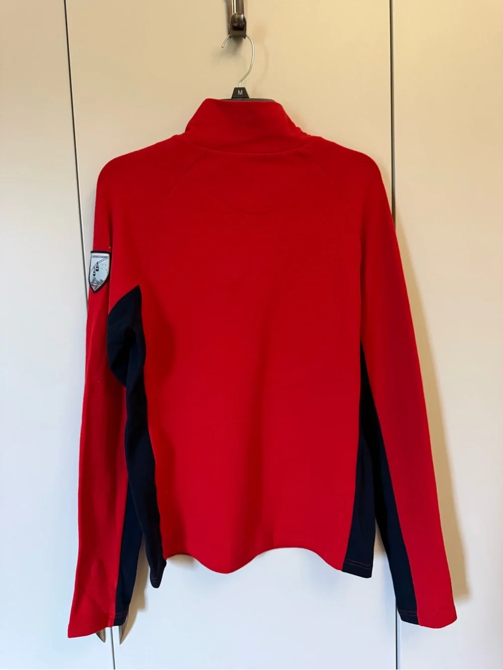 We Norwegians Men's Red and Navy Merino Blend Wool Ski Sweater Suze M